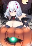  1girl arthropod_girl bangs bat breasts cleavage elbow_gloves extra_eyes fingerless_gloves full_moon gloves hair_ornament halloween highres large_breasts looking_at_viewer monster_girl moon night original outdoors pink_eyes pumpkin silk smile solo spider_girl spider_web tousen twitter_username white_hair 