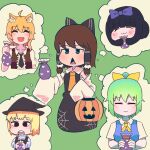  4girls :3 ahoge alternate_color alternate_eye_color animal_ears asymmetrical_hair bangs basket black_bow black_eyes black_hair black_headwear black_necktie black_vest blonde_hair blue_vest blush bow brown_hair brown_vest closed_eyes closed_mouth collared_shirt commentary_request cookie_(touhou) daiyousei detached_sleeves diyusi_(cookie) dress eyebrows_visible_through_hair fang fox_ears fox_girl frilled_hair_tubes frills full_body gogogo_(cookie) green_background green_hair hair_bow hair_tubes hakurei_reimu halloween hat highres jack-o&#039;-lantern kirisame_marisa long_sleeves medium_hair minigirl miramikaru_riran multiple_girls necktie open_mouth ponytail psychic_parrot purple_bow sakenomi_(cookie) sharp_teeth shirt short_sleeves shunga_youkyu sidelocks sleeveless sleeveless_dress smile spider_web_print star_sapphire teeth thought_bubble touhou triangle_mouth turtleneck upper_body vest white_shirt white_sleeves witch_hat yellow_bow yellow_necktie yukkuri_shiteitte_ne 