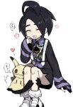  1boy :d ahoge allister_(pokemon) arm_support black_eyes black_hair blush blush_stickers closed_eyes collared_shirt commentary_request gloves heart highres himawari_(kawaisounaedesu) leg_cling long_sleeves male_focus mimikyu mole mole_under_mouth open_mouth partially_fingerless_gloves pokemon pokemon_(creature) pokemon_(game) pokemon_swsh shirt shoes short_hair shorts single_glove sitting smile speech_bubble suspender_shorts suspenders tongue translated white_footwear 