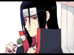  1boy akatsuki_(naruto) akatsuki_uniform black_hair dango food forehead_protector grin hat holding holding_food jewelry long_hair looking_at_viewer naruto_(series) necklace ninja open_mouth purple_nails red_eyes ring sharingan smile solo straw_hat teeth uchiha_itachi wagashi white_background yazakc 