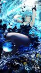  1girl air_bubble aqua_hair armpits arms_behind_head arms_up black_bow black_dress black_legwear bow bubble butterflyfish clownfish commentary dress fish floating_hair hair_bow hatsune_miku highres long_hair looking_to_the_side moorish_idol parted_lips reflection regal_blue_tang shinkai_shoujo_(vocaloid) shirubaa solo sunlight thick_thighs thighs tropical_fish twintails underwater very_long_hair vocaloid water_drop 