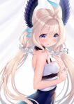  1girl bangs black_choker black_skirt blonde_hair blush breasts camisole choker enna_alouette flower from_side fur_choker hair_flower hair_ornament head_wings highres looking_at_viewer low_twintails nijisanji nijisanji_en skirt small_breasts smile solo tongue tongue_out twintails virtual_youtuber white_camisole white_flower zzz_(zzz00166403zzz) 
