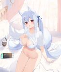  1girl absurdres animal_ears bed blue_hair borrowed_character bow bra breasts cleavage clothes_lift cup disposable_cup fox_ears fox_girl fox_tail frown hair_bow hair_ornament hairclip hand_on_own_chest highres lace-trimmed_bra lace_trim large_breasts large_tail lifted_by_self lingerie long_hair looking_at_viewer navel nintendo_switch no_pants nyun on_bed original panties parted_lips red_eyes shirt shirt_lift short_sleeves sidelocks sitting solo stomach string_panties sweatdrop tail thigh_gap thighs twintails underwear very_long_hair white_bra white_panties white_shirt x_hair_ornament 