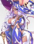  1girl absurdres bangs blue_eyes blush breasts cleavage commentary_request dark-skinned_female dark_skin facial_mark forehead_mark glasses hair_ornament hat highres hong_(white_spider) key large_breasts long_hair looking_at_viewer original simple_background solo staff tail white_hair wide_sleeves witch_hat 