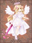  1girl bare_shoulders blonde_hair blush breasts brown_eyes cleavage closed_mouth commentary_request copyright_request crossbow dress feathered_wings flower full_body hair_flower hair_ornament halo heart holding holding_weapon large_breasts long_hair looking_at_viewer o-ring official_art pink_flower see-through shikito shoes smile socks solo standing standing_on_one_leg very_long_hair weapon white_dress white_footwear white_legwear white_wings wings 