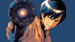  1boy aiming aiming_at_viewer asada_hachi bangs banned_artist black_shirt blue_background blue_eyes blue_hair blurry blurry_foreground commentary depth_of_field gantz gun handgun highres holding holding_gun holding_weapon hood hood_down hoodie long_sleeves looking_at_viewer male_focus nishi_jouichirou orange_hoodie outstretched_arm parted_lips shiny shiny_hair shirt short_hair simple_background smirk solo twitter_username watermark weapon x-gun 