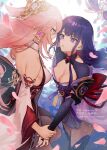  2girls bare_shoulders black_bodysuit bodysuit breasts cleavage closed_mouth commentary_request cowboy_shot dated dress eye_contact falling_petals from_side genshin_impact highres holding_hands japanese_clothes kimono large_breasts long_hair looking_at_another multiple_girls ojo_aa parted_lips petals pink_hair purple_eyes purple_hair purple_kimono purple_nails raiden_shogun red_dress signature vision_(genshin_impact) watermark yae_(genshin_impact) yuri 