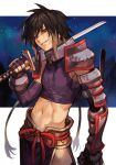  1boy albel_nox armor black_hair cowboy_shot gauntlets grin holding holding_sword holding_weapon hungry_clicker katana long_hair looking_at_viewer male_focus midriff navel over_shoulder pauldrons purple_tank_top red_eyes red_ribbon ribbon shoulder_armor smile solo star_ocean star_ocean_till_the_end_of_time sword tank_top very_long_hair weapon weapon_over_shoulder 