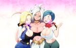  3girls absurdres android_18 android_21 bare_shoulders black_tube_top blonde_hair blue_hair blush breasts bulma cleavage closed_mouth collarbone colored_skin commentary crop_top dragon_ball dragon_ball_fighterz dragon_ball_z english_commentary eyebrows_visible_through_hair hair_between_eyes highres hypnosis large_breasts ledy long_hair looking_at_another majin_android_21 midriff mind_control multiple_girls navel open_mouth pants pink_eyes pink_skin shiny shiny_skin shirt simple_background sparkle_background strapless tail tongue tongue_out tube_top white_hair white_shirt 