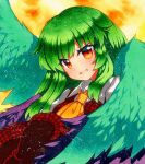  1girl alternate_hair_length alternate_hairstyle ascot collared_shirt dress_shirt eyebrows_visible_through_hair feathered_wings green_hair green_wings kazami_yuuka kioh_gyoku long_hair looking_at_viewer medium_hair open_mouth orange_ascot orange_eyes purple_wings qqqrinkappp red_vest seihou shikishi shirt solo touhou traditional_media upper_body vest white_shirt wings 