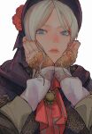  1693193543 1girl absurdres blonde_hair bloodborne bonnet doll flower gold_trim hat highres lips long_sleeves looking_at_viewer plain_doll portrait red_flower red_headwear red_rose ribbon rose solo_focus the_old_hunters 