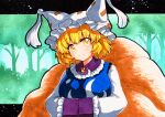  1girl blonde_hair blue_tabard breasts brooch closed_mouth eyebrows_visible_through_hair forest fox_tail green_background hands_in_opposite_sleeves hat jewelry long_sleeves looking_at_viewer medium_breasts multiple_tails nature outdoors pillow_hat qqqrinkappp short_hair smile solo tail tassel touhou traditional_media tree upper_body white_headwear yakumo_ran yellow_eyes 