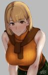  1girl ashley_graham blonde_hair bob_cut breasts brown_eyes check_commentary commentary commentary_request green_skirt highres large_breasts looking_at_viewer orange_sweater plaid plaid_skirt resident_evil resident_evil_4 sgk skirt sleeveless sleeveless_sweater sleeveless_turtleneck smile solo sweater sweater_around_neck turtleneck 