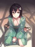  1girl absurdres ahoge araragi_tsukihi black_hair breasts cleavage closed_mouth collarbone commentary egg_hair_ornament english_commentary food-themed_hair_ornament from_above green_eyes green_kimono hair_ornament highres japanese_clothes kimono looking_at_viewer mac_star monogatari_(series) no_bra print_kimono sandals short_hair sitting small_breasts smile solo wariza 