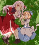  2girls alice_margatroid alice_margatroid_(pc-98) black_bow black_footwear blonde_hair blue_bow blue_skirt bow capelet dress grey_hair hair_bobbles hair_bow hair_ornament medium_hair mother_and_daughter multiple_girls one_eye_closed red_capelet red_dress red_eyes revision shinki_(touhou) shirt skirt sleeping smile suspenders touhou touhou_(pc-98) white_shirt younger zeroko-san_(nuclear_f) 