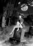  1girl ahoge bare_tree barefoot black_moon_prophecy black_nails bottomless bra_strap bracelet choker commentary earrings full_moon geewhy graveyard greyscale hair_ornament halloween happy_halloween highres hoop_earrings jewelry levi_(black_moon_prophecy) looking_at_viewer medium_hair monochrome moon multiple_moons nail_polish naked_shirt night night_sky off_shoulder original parted_lips pointy_ears scrunchie shirt short_sleeves sitting skull_hair_ornament sky solo toenail_polish toenails tombstone tree twintails wrist_scrunchie 