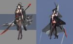  2girls aircraft airplane breasts china_dress chinese_clothes dress elbow_gloves fighter_jet full_body gloves highres j-20 jet jin_yi_dui mecha_musume military military_vehicle multiple_girls original people&#039;s_liberation_army people&#039;s_liberation_army_air_force personification polearm thighhighs weapon 