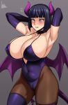  1girl absurdres arms_behind_head boots boruto:_naruto_next_generations commentary covered_navel covered_nipples cowboy_shot curvy demon_horns demon_wings fake_horns halloween halloween_costume highres horns hyuuga_hinata jmg leotard mature_female naruto_(series) navel pantyhose purple_eyes purple_footwear purple_horns purple_wings short_hair sweat sweatdrop thigh_boots thighhighs wings 