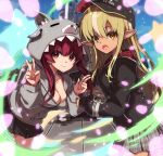  2girls :o animal_hood bangs black_jacket black_skirt blonde_hair breasts brown_eyes cleavage closed_mouth commentary_request cosplay cowboy_shot double_v eyebrows_visible_through_hair fang grey_jacket grey_skirt hair_between_eyes highres hololive hood hood_up hooded_jacket houshou_marine houshou_marine_(cosplay) jacket leaning_forward long_hair long_sleeves looking_at_viewer medium_breasts multicolored_hair multiple_girls open_mouth plaid plaid_skirt pointy_ears puffy_long_sleeves puffy_sleeves ralf red_eyes red_hair shiranui_flare skin_fang skirt smile standing streaked_hair v virtual_youtuber white_hair 
