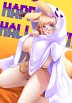  1girl :d amino_dopple animal_ears blonde_hair blue_eyes breasts completely_nude english_text fang fang_out fox_ears fox_tail ghost_costume glasses gradient gradient_background halloween halloween_costume hands_up happy_halloween honami_mikura_(amino_dopple) huge_breasts kneeling long_hair looking_at_viewer nude open_mouth orange_background original red-framed_eyewear semi-rimless_eyewear skin_fang smile solo tail under-rim_eyewear very_long_hair 