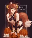  1girl animal_ear_fluff animal_ears bangs bent_over blunt_bangs breasts brown_hair candle closed_mouth commentary english_commentary eyebrows_visible_through_hair halloween happy_halloween highres holo horns long_hair looking_at_viewer pumpkin red_eyes seraziel small_breasts solo spice_and_wolf tail tongue tongue_out wolf_ears wolf_girl wolf_tail 