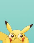  absurdres animal_focus aqua_background black_eyes blush_stickers glasses hands_up highres looking_at_viewer no_humans pikachu pokemon pokemon_(creature) reflection rend round_eyewear simple_background 