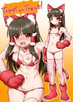  1girl angry animal_ear_fluff animal_ears animal_hands bell bikini black_hair blush breasts brown_eyes cameltoe cat_ears cat_tail choker closed_mouth commentary_request english_text fewer_digits gloves gradient gradient_background hair_tubes hakurei_reimu halloween halloween_costume hand_on_hip highres itou_yuuji jingle_bell long_hair looking_at_viewer medium_breasts micro_bikini multiple_views navel neck_bell nipples open_mouth orange_background outline paw_gloves paw_shoes red_bikini red_choker swimsuit tail touhou trick_or_treat white_outline 