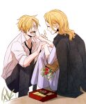  1boy 1girl :d beard bento blonde_hair bouquet closed_eyes dress facial_hair hair_over_one_eye hand_on_another&#039;s_face hy mother_and_son necktie one_piece open_mouth pants sanji shirt short_hair smile vinsmoke_sora 