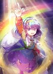  1girl absurdres bangs cape cloak cloud_print dress eyebrows_visible_through_hair hair_between_eyes highres multicolored_clothes multicolored_dress multicolored_hairband open_mouth orange_sleeves patchwork_clothes pointing pointing_down pointing_up purple_hair rainbow rainbow_gradient red_button red_sleeves reinobasibo short_hair sky_print tenkyuu_chimata touhou two-sided_cape two-sided_fabric white_cape white_cloak yellow_bag yellow_sleeves 