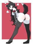  1girl absurdres animal_ears ass bent_over black_gloves black_hair black_legwear black_panties blank_eyes breasts cameltoe colored_skin elbow_gloves from_behind full_body gloves highres inukaze_yamu large_breasts long_hair looking_at_viewer looking_back original panties red_background simple_background solo tail tears thighhighs underwear white_skin wolf_ears wolf_tail 