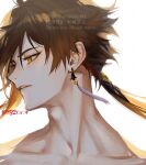  1boy brown_hair collarbone commentary_request dated earrings face genshin_impact jewelry long_hair looking_to_the_side male_focus ojo_aa orange_eyes parted_lips portrait signature simple_background solo topless_male watermark white_background zhongli_(genshin_impact) 