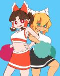  2girls :q absurdres alternate_costume armpits bangs benikurage_(cookie) black_skirt blonde_hair blue_background bow breasts bright_pupils brown_hair cheerleader closed_mouth commentary_request cookie_(touhou) crop_top facial_mark frilled_bow frilled_hair_tubes frills green_eyes hair_bow hair_tubes hakurei_reimu highres jijii_(nicoseiga91467756) kirisame_marisa locked_arms long_hair looking_at_viewer mars_(cookie) medium_breasts medium_hair multiple_girls open_mouth parted_bangs pom_pom_(cheerleading) ponytail red_bow red_eyes red_skirt simple_background skirt small_breasts smile tongue tongue_out touhou wavy_mouth whisker_markings white_bow white_pupils 