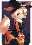  1girl animal_ears animal_nose blonde_hair blush body_fur commentary_request furry furry_female growlithe hair_between_eyes halloween highres kageroh looking_at_viewer orange_eyes orange_fur original pokemon purple_background short_hair sitting smile snout solo thighs two-tone_background white_background 