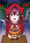  1girl absurdres bangs blue_eyes blush boots capelet cosplay evening eyebrows_visible_through_hair fang halloween halloween_bucket halloween_costume heterochromia highres hololive hololive_english irys_(hololive) jan_azure little_red_riding_hood little_red_riding_hood_(grimm) little_red_riding_hood_(grimm)_(cosplay) mr._squeaks_(hakos_baelz) open_mouth outdoors pointy_ears porch pumpkin purple_eyes red_capelet red_hair smile solo tako_(ninomae_ina&#039;nis) trick_or_treat virtual_youtuber younger 