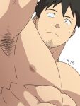  1boy abs ajb11 arm_up armpit_hair armpits bara black_hair close-up demi-chan_wa_kataritai facial_hair from_below goatee highres large_pectorals light_blush male_focus mature_male muscular muscular_male nipples nude pectoral_focus pectorals presenting_armpit short_hair sideburns solo spiked_hair stubble sweatdrop takahashi_tetsuo upper_body 