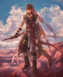  1boy bandana belt black_gloves boots cloud copyright_name day earrings gloves hise jewelry kide_lasuc male_focus outdoors pixiv_fantasia pixiv_fantasia_age_of_starlight red_hair sheath sheathed single_glove solo standing sword tassel tattoo weapon wide_sleeves 