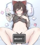  1boy 1girl after_sex bangs black_bra black_hoodie blush bottomless bow bra brown_eyes brown_hair censored cigarette cigarette_pack closed_mouth commentary_request condom condom_wrapper cookie_(touhou) cum eyebrows_visible_through_hair feet_out_of_frame frilled_bow frilled_hair_tubes frills hair_between_eyes hair_bow hair_tubes hakurei_reimu hetero hood hoodie hoodie_lift incoming_cigarette lifted_by_self long_sleeves looking_at_viewer lying maru_(cookie) niconico on_back on_bed on_pillow parnkgjas pillow pov red_bow short_hair solo_focus touhou translation_request underwear used_condom used_tissue 