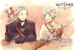  1boy 1girl brown_gloves ciri geralt_of_rivia gloves green_eyes holding holding_sword holding_weapon jewelry kuri_suta_ru necklace open_mouth silver_hair smile sword the_witcher_(series) the_witcher_3 tied_hair weapon 