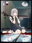  1girl artist_name bandages bandaid bandaid_on_arm bandaid_on_leg bed blood chain collar commentary_request dated drain_(object) grey_hair hands_up hospital_bed indoors intravenous_drip looking_at_viewer nyakamame original pill red_eyes sleeveless syringe tattoo wristband 