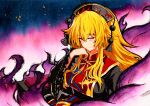  1girl blonde_hair breasts chinese_clothes closed_mouth crescent eyebrows_visible_through_hair fox_tail hair_between_eyes junko_(touhou) long_hair long_sleeves looking_at_viewer medium_breasts multicolored_background multiple_tails orange_eyes pink_background qqqrinkappp shadow solo tabard tail tassel touhou traditional_media upper_body wide_sleeves 