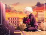  1boy :d ahoge bangs bouquet bush cheer_(cheerkitty14) commentary danganronpa_(series) danganronpa_v3:_killing_harmony english_commentary english_text eyebrows_visible_through_hair flower hood hood_down hoodie keebo long_sleeves male_focus open_mouth outdoors pants power_armor profile red_flower red_hoodie red_pants red_sky seiza shoes short_hair sitting sky smile 