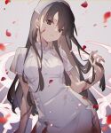  1girl black_eyes black_hair blood blood_on_clothes blood_on_face blood_splatter closed_mouth hand_in_hair hat kina_(446964) long_hair nurse nurse_cap petals reality_arc_(sinoalice) rose_petals serious sidelocks simple_background sinoalice snow_white_(sinoalice) solo 