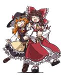  2girls :d amerika_zarigani ascot azusa_(cookie) bangs black_headwear black_skirt black_vest blush bow bowtie braid brown_footwear brown_hair buttons closed_eyes commentary_request cookie_(touhou) detached_sleeves eyebrows_visible_through_hair frilled_bow frilled_hair_tubes frilled_shirt_collar frilled_skirt frills full_body geta hair_bow hair_tubes hakurei_reimu hat highres kanna_(cookie) kirisame_marisa locked_arms long_hair multiple_girls open_mouth orange_hair red_bow red_bowtie red_ribbon red_shirt red_skirt red_star ribbon ribbon-trimmed_sleeves ribbon_trim shirt shoes side_braid simple_background single_braid skirt sleeveless sleeveless_shirt smile star_(symbol) touhou vest white_background white_bow white_shirt white_sleeves witch_hat yellow_ascot 