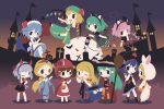  6+girls alice_margatroid blonde_hair blue_hair bow braid brown_hair character_request closed_mouth cobalta cosplay flandre_scarlet green_bow green_hair grey_hair hair_bow hakurei_reimu halloween halloween_costume highres hong_meiling hong_meiling_(cosplay) izayoi_sakuya izayoi_sakuya_(cosplay) kirisame_marisa kochiya_sanae komeiji_koishi komeiji_satori long_hair looking_at_another looking_at_viewer moriya_suwako multiple_girls one_eye_closed pink_hair purple_hair remilia_scarlet short_hair touhou twin_braids yasaka_kanako 