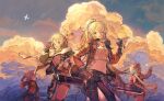  4girls :d aircraft airplane backpack bag bandeau belt black_pants blonde_hair closed_eyes coat commentary contrapposto croque_(girls&#039;_frontline_nc) earhart_(girls&#039;_frontline_nc) fern_(girls&#039;_frontline_nc) girls&#039;_frontline girls&#039;_frontline_neural_cloud gloves green_jacket hair_over_one_eye hat headphones headpiece highres jacket jewelry long_sleeves looking_at_viewer medium_hair microphone midriff mouth_hold multiple_girls navel necklace one_eye_covered pants ponytail red_eyes rosette_(yankaixuan) shirt shorts smile sol_(girls&#039;_frontline_nc) 