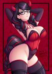  1girl arms_behind_head bangs bayonetta bayonetta_(series) bayonetta_3 black_hair breasts demon_costume earrings elbow_gloves glasses gloves grey_eyes halloween halloween_costume highres horns jewelry large_breasts leotard looking_at_viewer mole mole_under_mouth multicolored_hair red_hair red_horns sevie solo streaked_hair swept_bangs thighhighs 