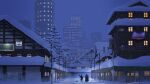  2others boots building cityscape coat commentary_request dog fog garage ground_vehicle highres house motor_vehicle multiple_others night night_sky office original partial_commentary road scenery shop signature sky snow snowing spotlight tateyuki traffic_light truck utility_pole winter 