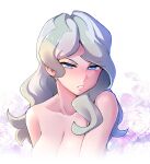  1girl blue_eyes blush breasts cleavage completely_nude diana_cavendish floral_background geewhy green_hair grey_hair large_breasts little_witch_academia looking_at_viewer multicolored_hair nude parted_lips solo symbol-only_commentary two-tone_hair white_background 