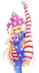  1girl :d american_flag_dress american_flag_legwear bangs blonde_hair blush breasts clownpiece commentary_request eyebrows_visible_through_hair fen_zuo hand_on_own_leg hat highres jester_cap kneepits leg_up long_hair neck_ruff open_mouth panties pantyhose polka_dot purple_headwear red_eyes shiny shiny_hair short_sleeves simple_background slit_pupils small_breasts smile solo split standing standing_on_one_leg standing_split star_(symbol) star_print striped striped_panties sweatdrop touhou underwear v white_background 