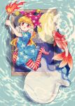  1girl american_flag_dress american_flag_legwear arms_up bangs closed_mouth clownpiece dress eyebrows_visible_through_hair fairy_wings fire hair_between_eyes hands_up hat highres itomugi-kun jellyfish jester_cap long_hair looking_at_viewer moon night night_sky no_shoes ocean pants pantyhose pink_headwear polka_dot red_eyes short_sleeves sky smile solo star_(symbol) star_print striped tongue tongue_out torch touhou water window wings 